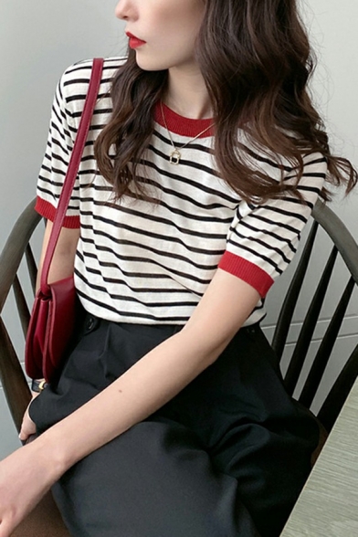 Classic Womens Sweater Striped Pattern Round Neck Short Sleeve Sweater