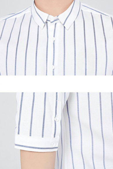 Dashing Shirt Stripe Pattern Button down Turn-down Collar Half Sleeve Slim Shirt for Men