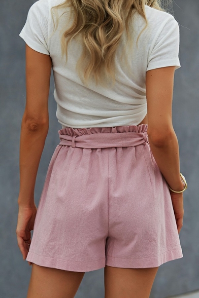 Elegant Womens Shorts Plain Lace-Up Elastic Waist High Rise Buttoned Ruffle Loose Shorts