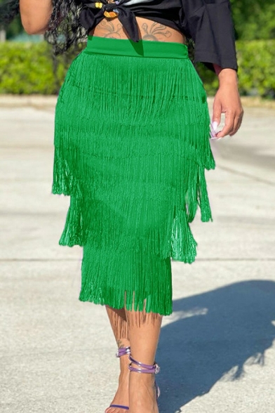 Fashion Skirt Solid Color Elastic Waist Tassel Detail Skinny Midi Skirt for Women
