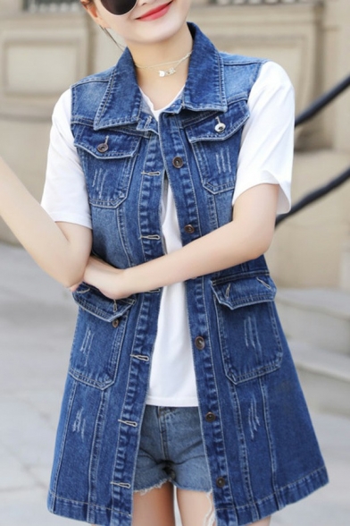Fashion Womens Denim Vest Spread Collar Button Up Ripped Slim Fit Vest with Flap Pockets