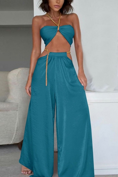 Hot Satin Co-ords Solid Color Chain Detail Crop Halter Tee with Hollow Out Wide Leg Pants Set for Women