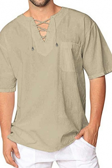 Leisure Drawstring T-Shirt Pure Color Short Sleeve Round Neck Regular Fit T-Shirt for Men