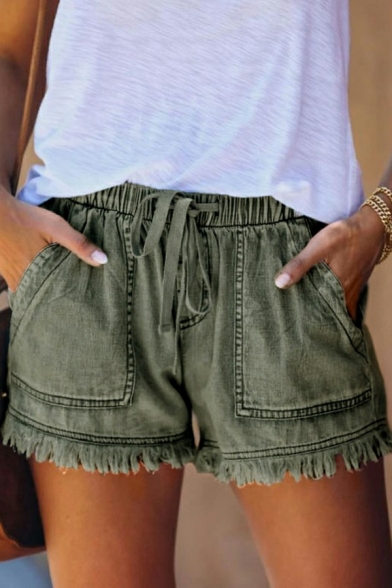 Leisure Womens Shorts Plain Drawstring Waist Mid Rise Tassel Front Pocket Loose Shorts