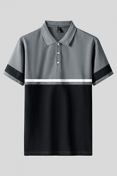 Modern Mens Polo Shirt Color Block Button Detail Turn-down Collar Polo Shirt