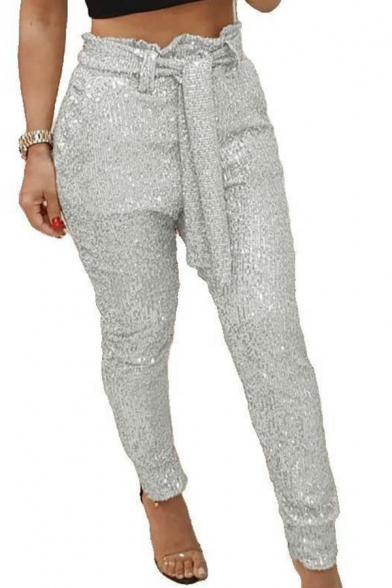 Sexy Womens Belted Pants High Waist Sequined Pure Color Slim Fit Tapered Pants