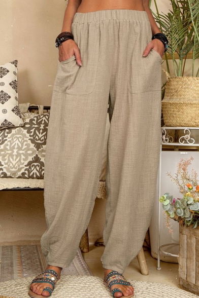 Simple Womens Tapered Pants Pure Color Elastic Waist Cotton and Linen Loose Fit Pants