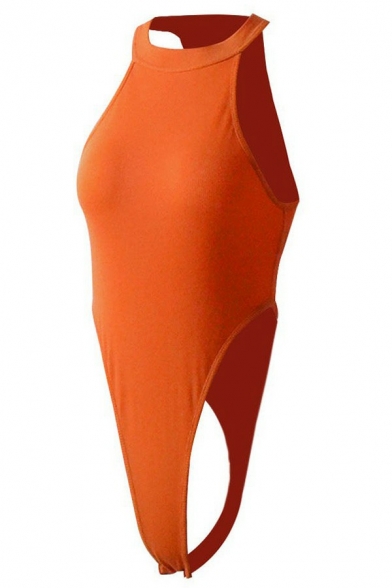 Stylish Ladies Bodysuit Halter Solid Color Slim Fit Ribbed Bodysuit