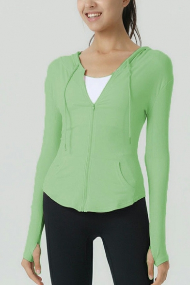 Casual Womens Jacket Plain Drawstring Zipper Fly Long Sleeve Hooded Yoga Jacket