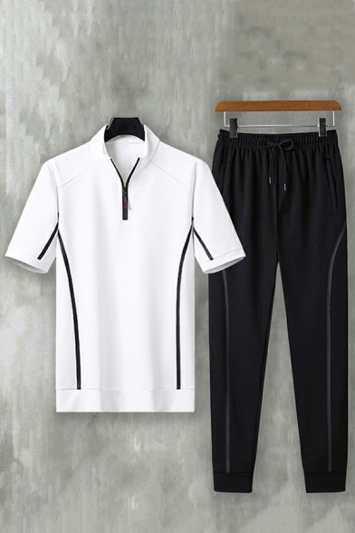 Cool Mens Co-ords Contrast Color Stand Collar 1/4 Zip Short Sleeve Polos Drawstring Pants Two Piece Set