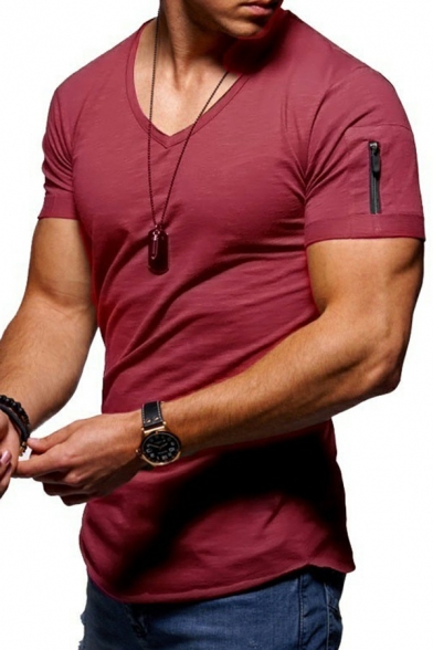 Cool Mens T-Shirt Plain V-Neck Short Sleeve Zipper Pocket Oversized T-Shirt