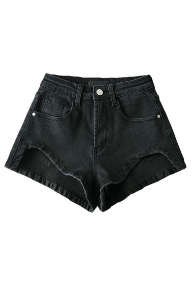 Edgy Womens Shorts Plain Zipper Fly High Waist Irregular Hem Denim Shorts