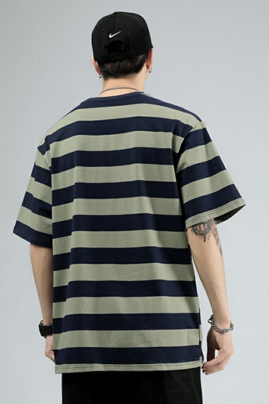 Leisure T-Shirt Striped Print Chest Pocket Round Neck Short Sleeve T-Shirt for Men
