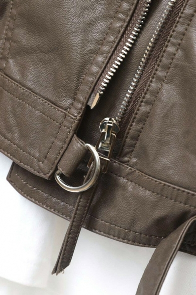 Leisure Womens PU Jacket Solid Color Lapel Collar Zipper Placket Slim Fit Leather Jacket