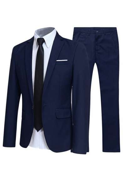 Men Dashing Suit Set Plain Lapel Collar Single Button Pocket Detail Blazer and Pants Set