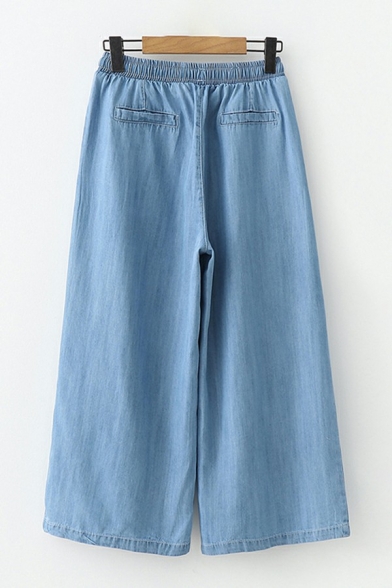 Modern Ladies Crop Jeans Drawstring Elastic Waist High Rise Light Wash Wide Leg Straight Jeans