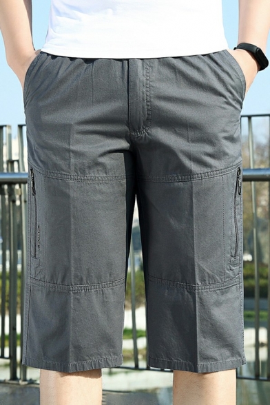 Modern Mens Shorts Plain Elastic Waist Mid Rise Zipper Pockets Cargo Shorts