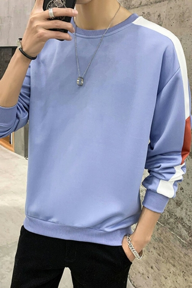Modern Mens Sweatshirt Color Block Round Neck Rib Cuffs Sweatshirt
