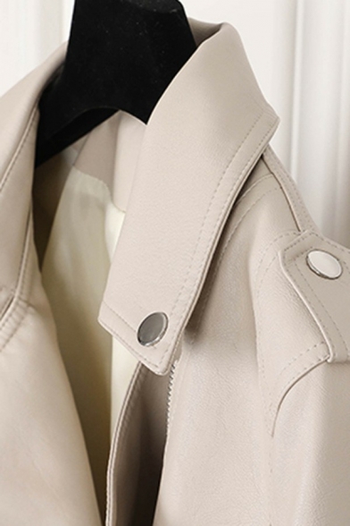 Modern Plain Leather Jacket Notched Lapel Collar Zipper Up PU Jacket for Women