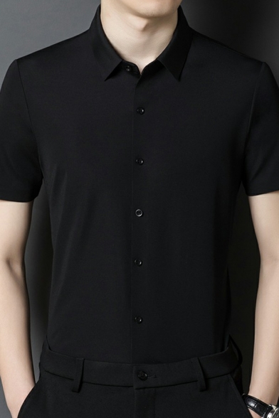 Modern Shirt Whole Colored Short Sleeves Turn-down Collar Regular Button-up Shirt for Men