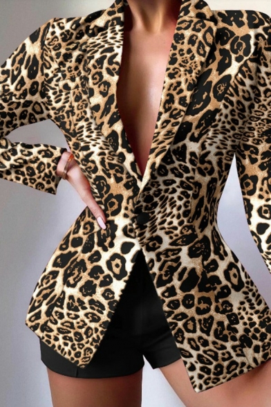 Retro Womens Blazer Single Button Leopard Print Notched Lapel Collar Slim Fit Blazer
