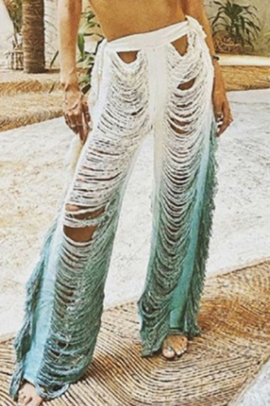 Sexy Ladies Hollow Pants Mid Waist Ombre Print Cut Out Long Straight Pants with Fringe