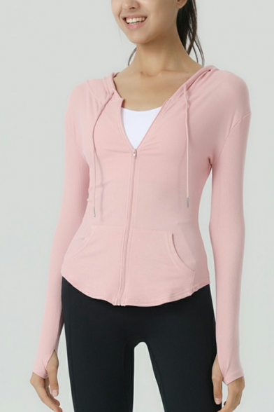 Simple Womens Jacket Plain Drawstring Zipper Fly Long Sleeve Hooded Yoga Jacket