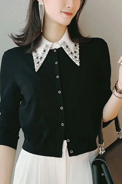 Trendy Ladies Cardigan Solid Color Button Placket Round Neck Long Sleeve Regular Fit Crop Cardigan