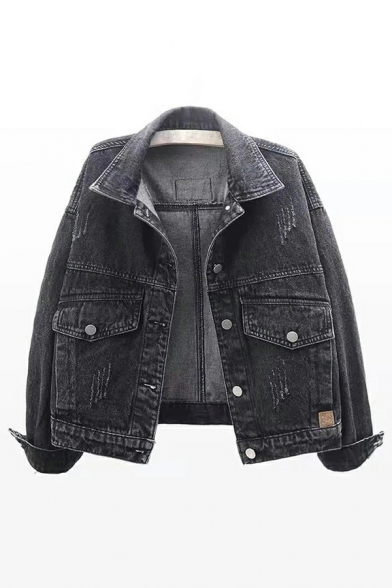 Vintage Womens Denim Jacket Spread Collar Faded Wash Button Up Denim Jacket with Label