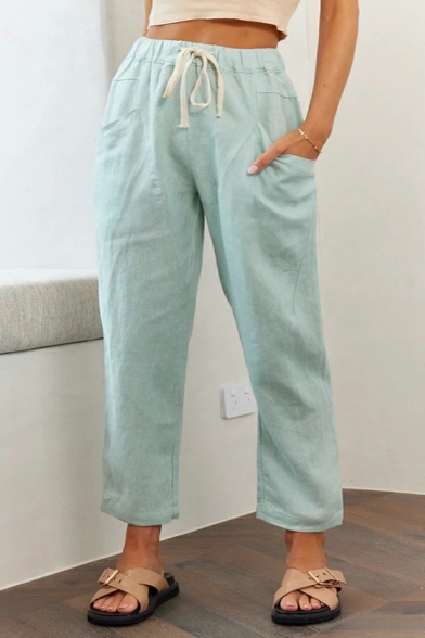 Women Dashing Pants Pure Color Pocket Mid Rise Ankle Length Drawstring Tapered Pants