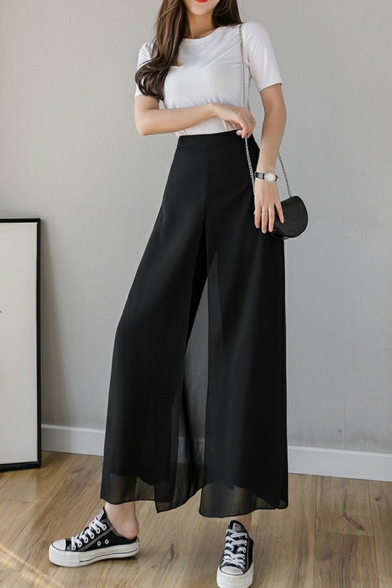 Chic Pants Pure Color High Rise Loose Split Front Ankle Length Skirt Pants for Girls