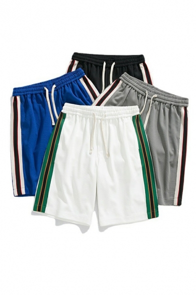 Comfortable Guys Shorts Striped Pattern Drawstring Waist Mid Rise Sweat Shorts