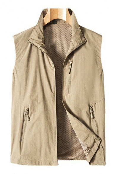 Cozy Vest Pure Color Stand Collar Pocket Design Regular Fit Zip Closure Vest for Boys