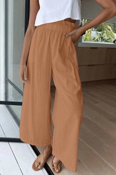 Girls Fancy Pants Pure Color Ruffle Detail Baggy Ankle Length Elastic High Waist Pants