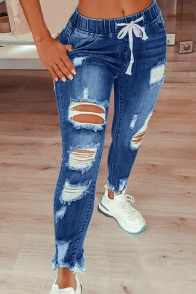 Girls Original Jeans Whole Colored Broken Hole Skinny Drawstring Waist Ankle Length Jeans