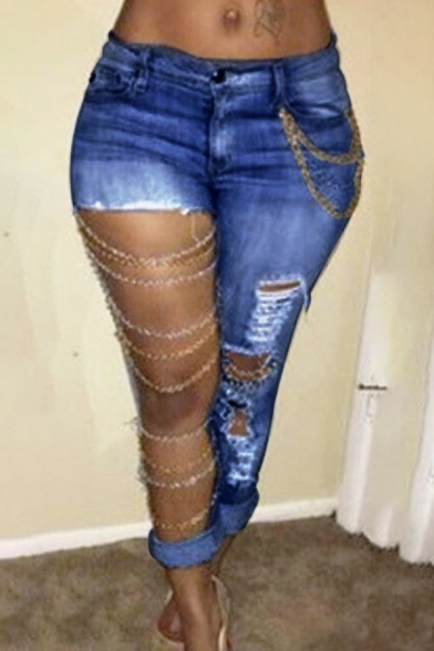 Hot Womens Jeans Hollow Out Chain Decorated High Rise Slim Fit Jeans with Washing Effect