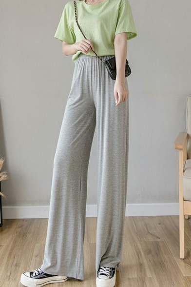 Leisure Women Pants Whole Colored Elastic Waist Full Length Mid Rise Loose Fit Pants
