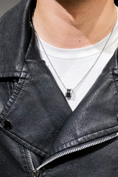Mens Cool Jacket Pure Color Long-Sleeved Lapel Collar Regular Zip Placket Leather Jacket