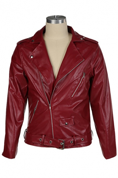 Modern Mens Jacket Solid Color Pocket Detail Lapel Collar Zip Closure Leather Jacket