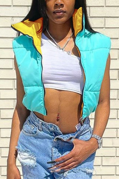 Reversible Womens Vest Spread Collar Zipper Down Crop Padded Vest