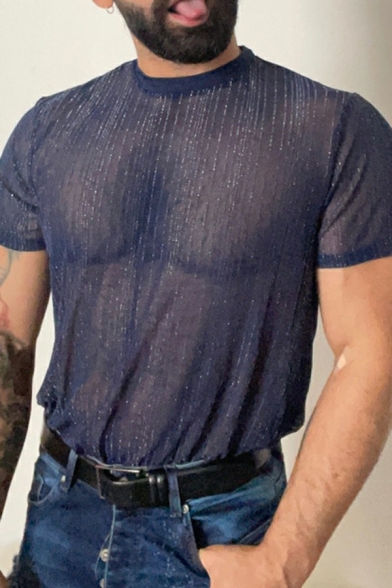 Sexy Mens T-Shirt Plain Sequined Crew Neck Short Sleeve Sheer T-Shirt