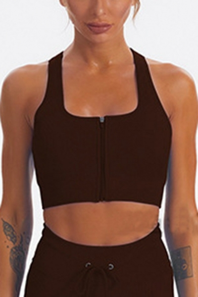 Sporty Cropped Tank Tee Solid Color Zipper Closure Tank Top for Women