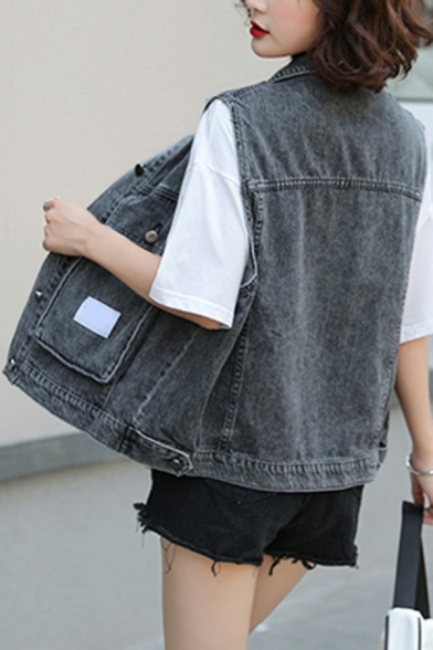Street Ladies Denim Vest Faded Color Ripped Spread Collar Single Breasted Regular Fit Vest with Flap Pockets
