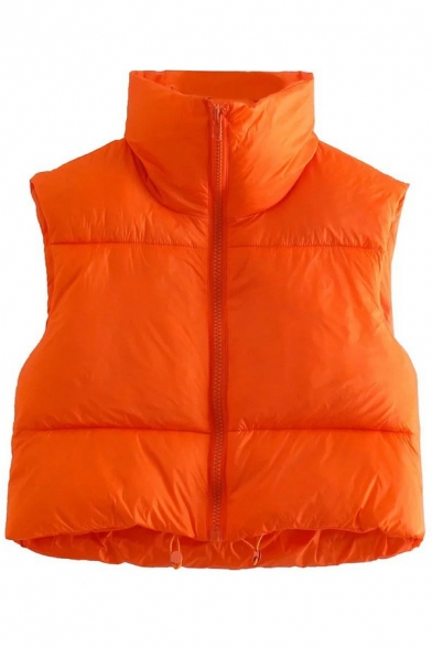 Street Ladies Padded Vest Solid Color Stand Collar Regular Fit Cropped Vest with Drawstring