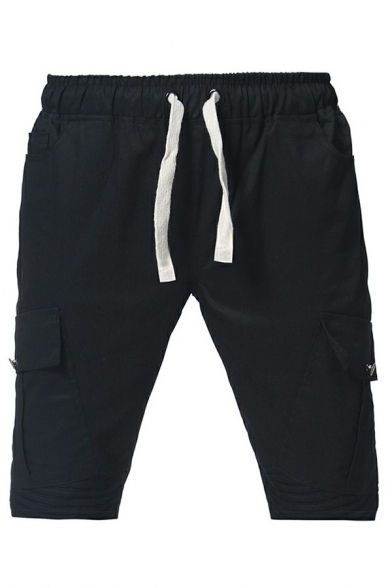 Stylish Mens Cargo Shorts Plain Drawstring Waist Pocket Detail Mid Rise Regular Fit Cargo Shorts