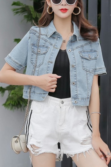 Urban Women Cropped Jacket Spread Collar Pocket Pure Color Short Sleeve Baggy Denim Jacket