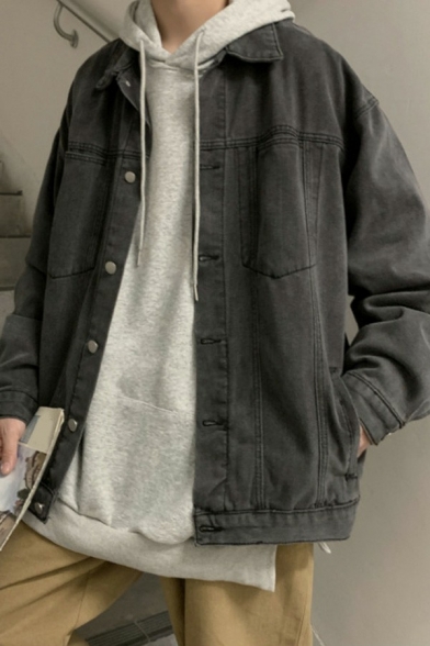 Vintage Guys Denim Jacket Plain Button Closure Pocket Detail Spread Collar Loose Fit Denim Jacket