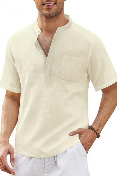Basic Mens Plain Shirt Button Detail Short Sleeve Chest Pocket Collarless Regular Fitted Shirt
