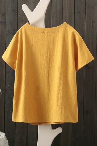 Basic Womens T-Shirt Plain Round Neck Short Sleeve Button Hem Relaxed T-Shirt