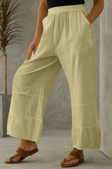 Casual Womens Bootcut Pants Mid Rise Solid Color Cotton and Linen Elastic Waist Loose Fit Pants